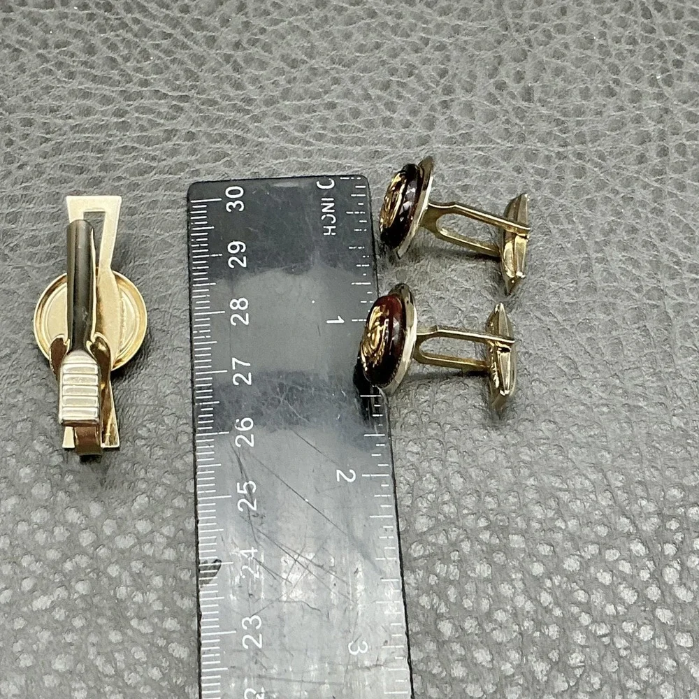 Vintage Mens Roman Warrior Cufflinks Tie Bar Set Gold‎ Tone Brown Cameo Cabochon